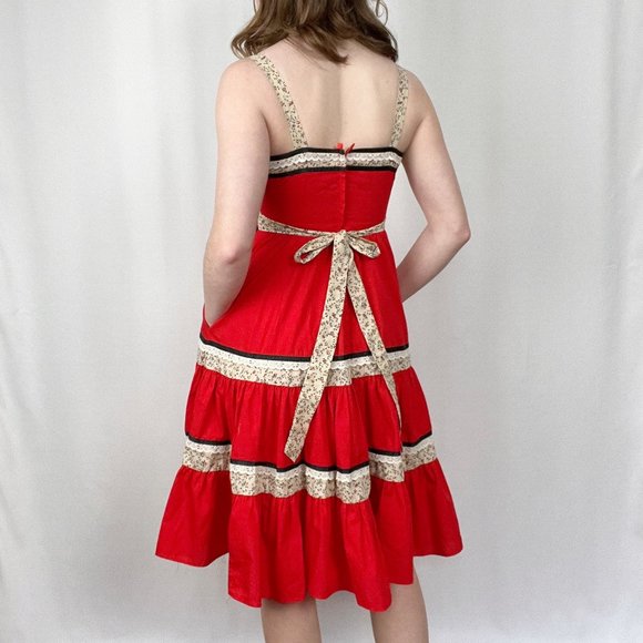 Vintage Cottagecore Tiered Floral Lace Milkmaid Alps German Peasant Midi Dress - Picture 5 of 11